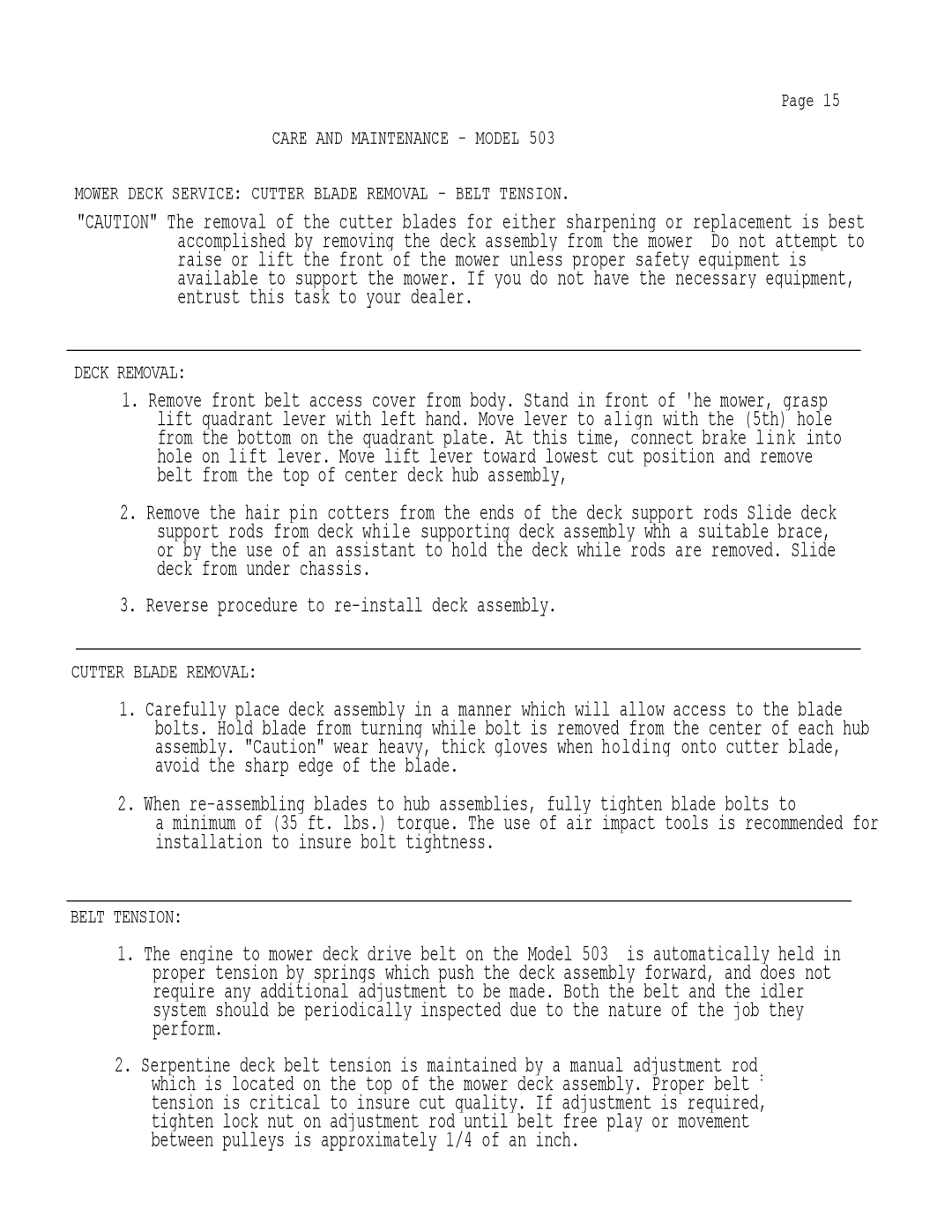 Dixon 503 manual Reverse procedure to re-install deck assembly, Cutter Blade Removal, Belt Tension 