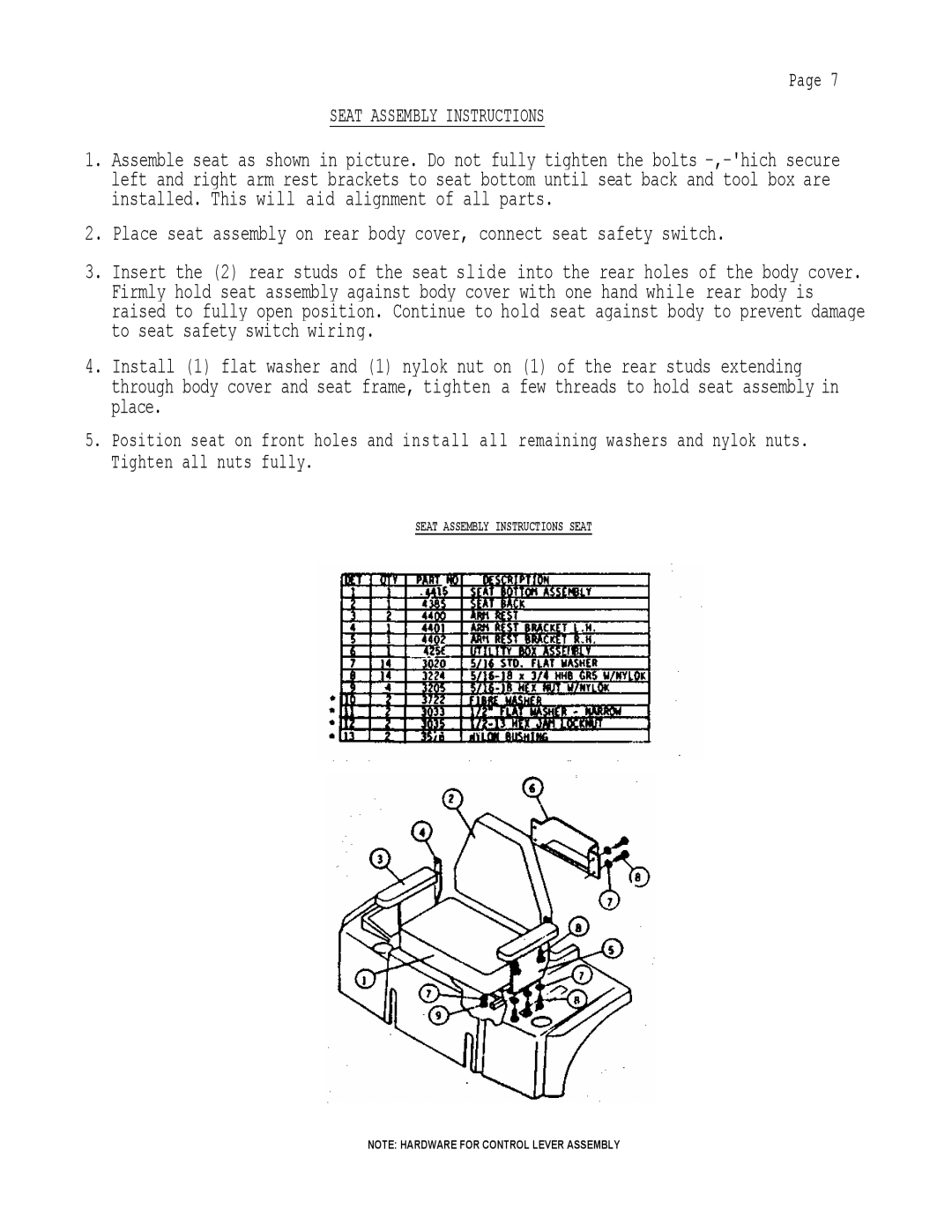 Dixon 503 manual Page SEAT ASSEMBLY INSTRUCTIONS, Seat Assembly Instructions Seat, Note Hardware For Control Lever Assembly 