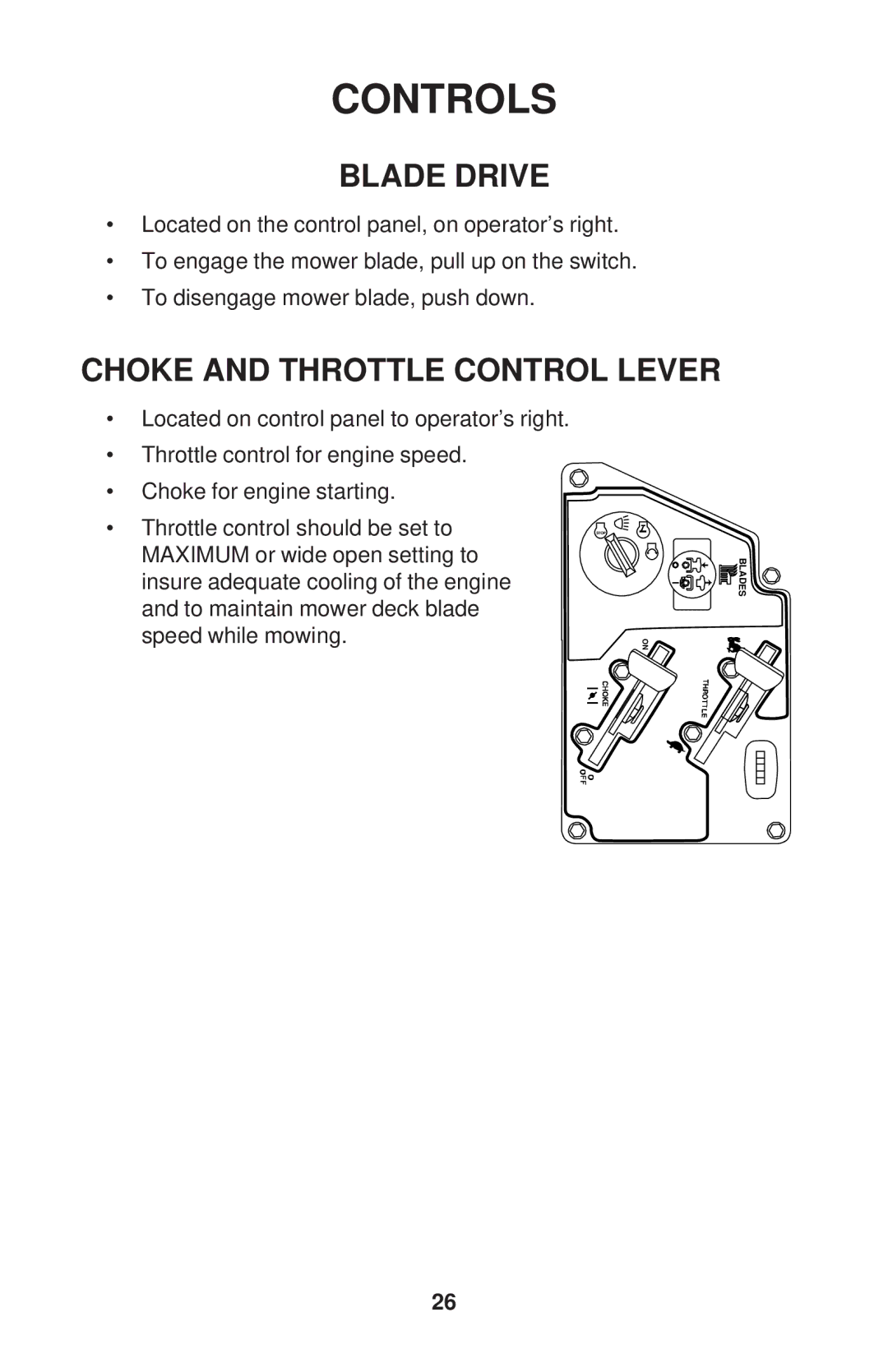 Dixon 52 - 27 KOH, 60 - 27 KOH, 60 - 30 KOH, 72 - 27 KOH manual Blade Drive, Choke and Throttle Control Lever 