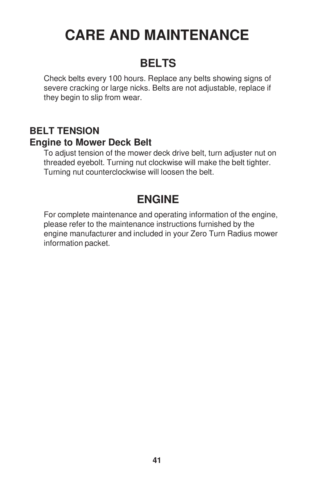 Dixon 52 - 27 KOH, 60 - 27 KOH, 60 - 30 KOH, 72 - 27 KOH manual Belts, Engine, Belt Tension 