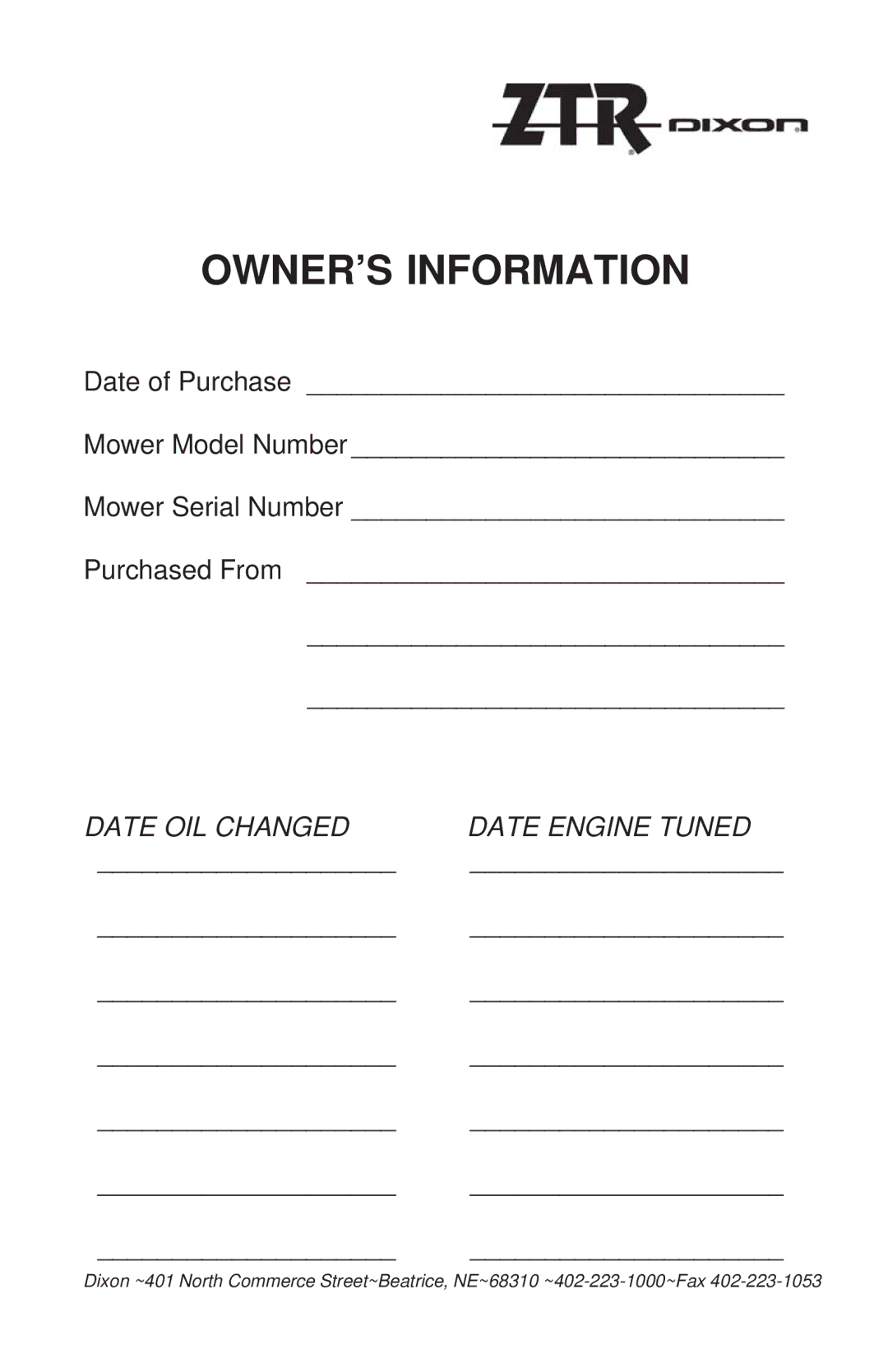 Dixon 52 - 27 KOH, 60 - 27 KOH, 60 - 30 KOH, 72 - 27 KOH manual OWNER’S Information, Date Engine Tuned 