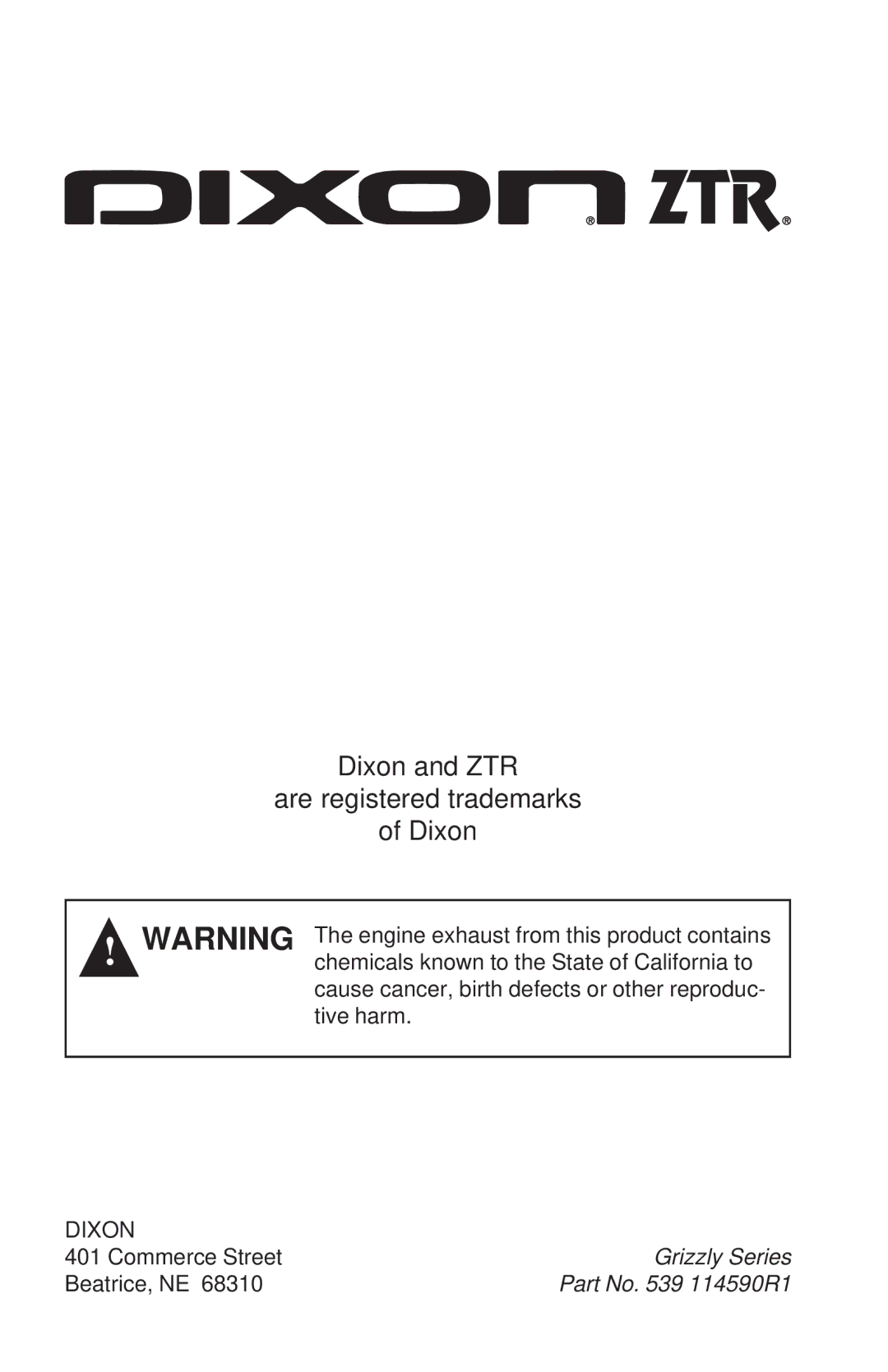 Dixon 52 - 27 KOH, 60 - 27 KOH, 60 - 30 KOH, 72 - 27 KOH manual Dixon and ZTR Are registered trademarks 