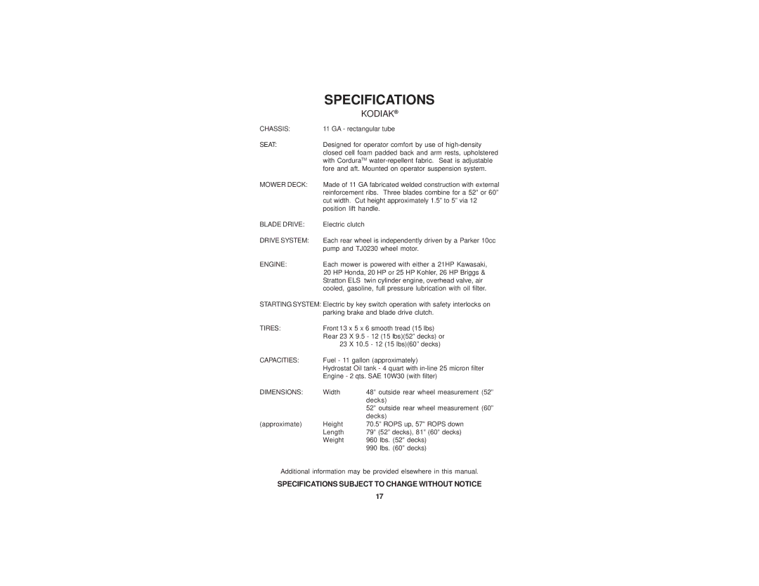 Dixon 52 manual Specifications, Kodiak 