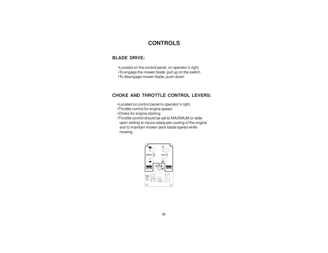 Dixon 52 manual Blade Drive, Choke and Throttle Control Levers 