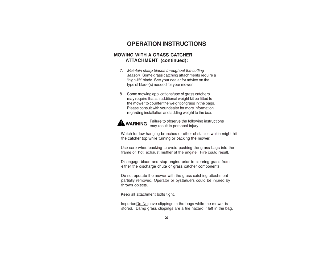 Dixon 52 manual Mowing with a Grass Catcher Attachment, Failure to observe the following instructions 