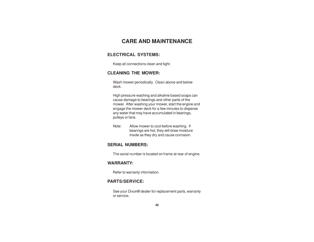 Dixon 52 manual Electrical Systems, Cleaning the Mower, Serial Numbers, Warranty, Parts/Service 