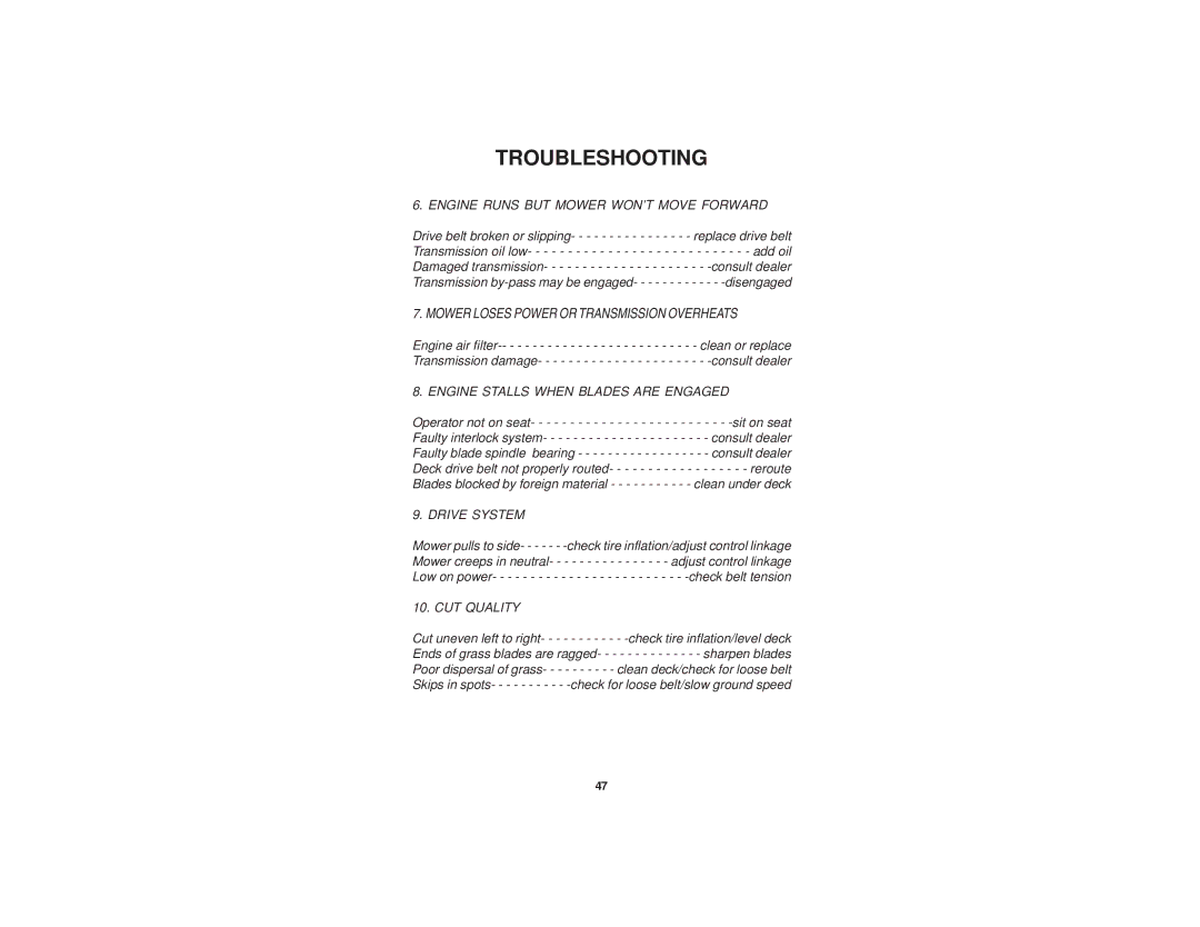 Dixon 52 manual Mower Loses Power or Transmission Overheats 