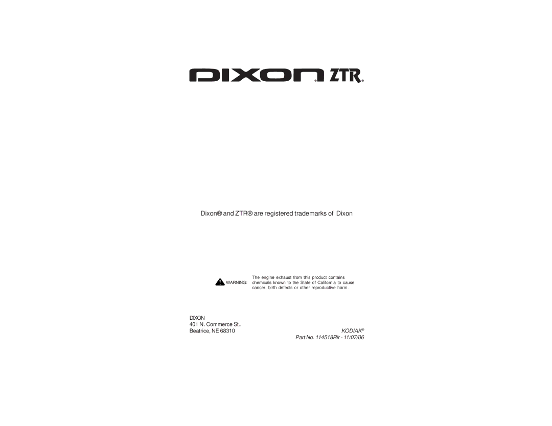 Dixon 52 manual Dixon and ZTR are registered trademarks of Dixon 