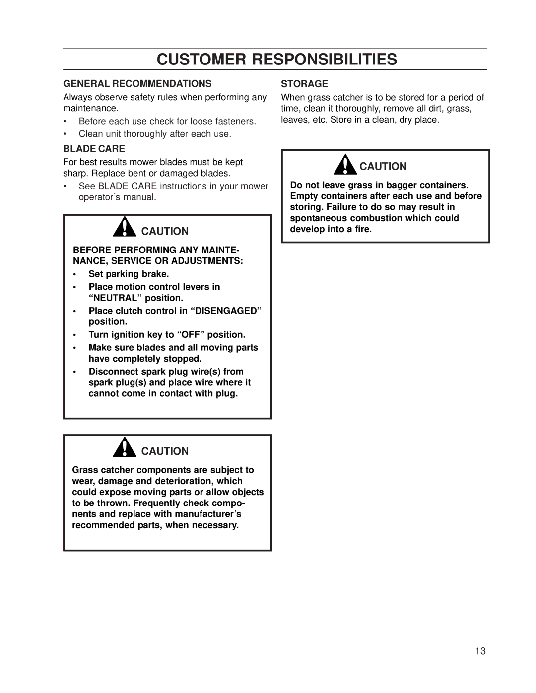 Dixon 539 131188 manual Customer Responsibilities, General Recommendations, Blade Care, Storage 