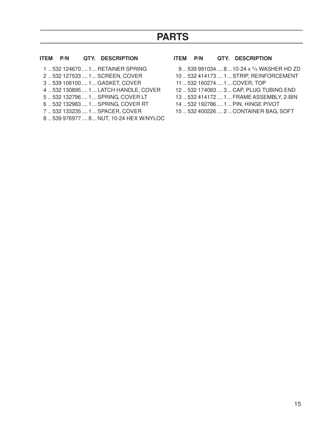 Dixon 539 131188 manual Item P/N QTY Description 