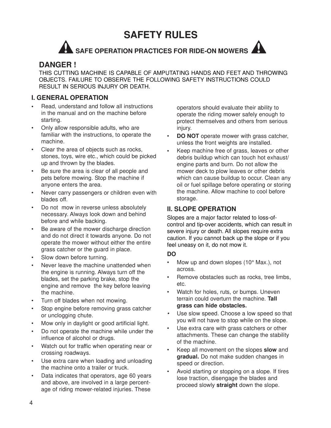 Dixon 539 131188 manual Safety Rules, Safe Operation Practices for RIDE-ON Mowers, General Operation, II. Slope Operation 