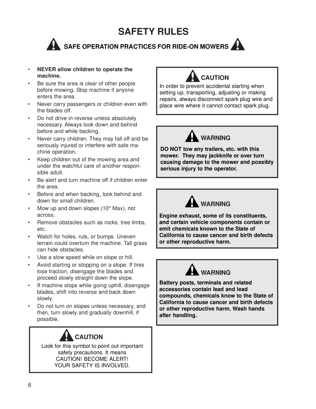 Dixon 539 131188 manual Safe Operation Practices for RIDE-ON Mowers 