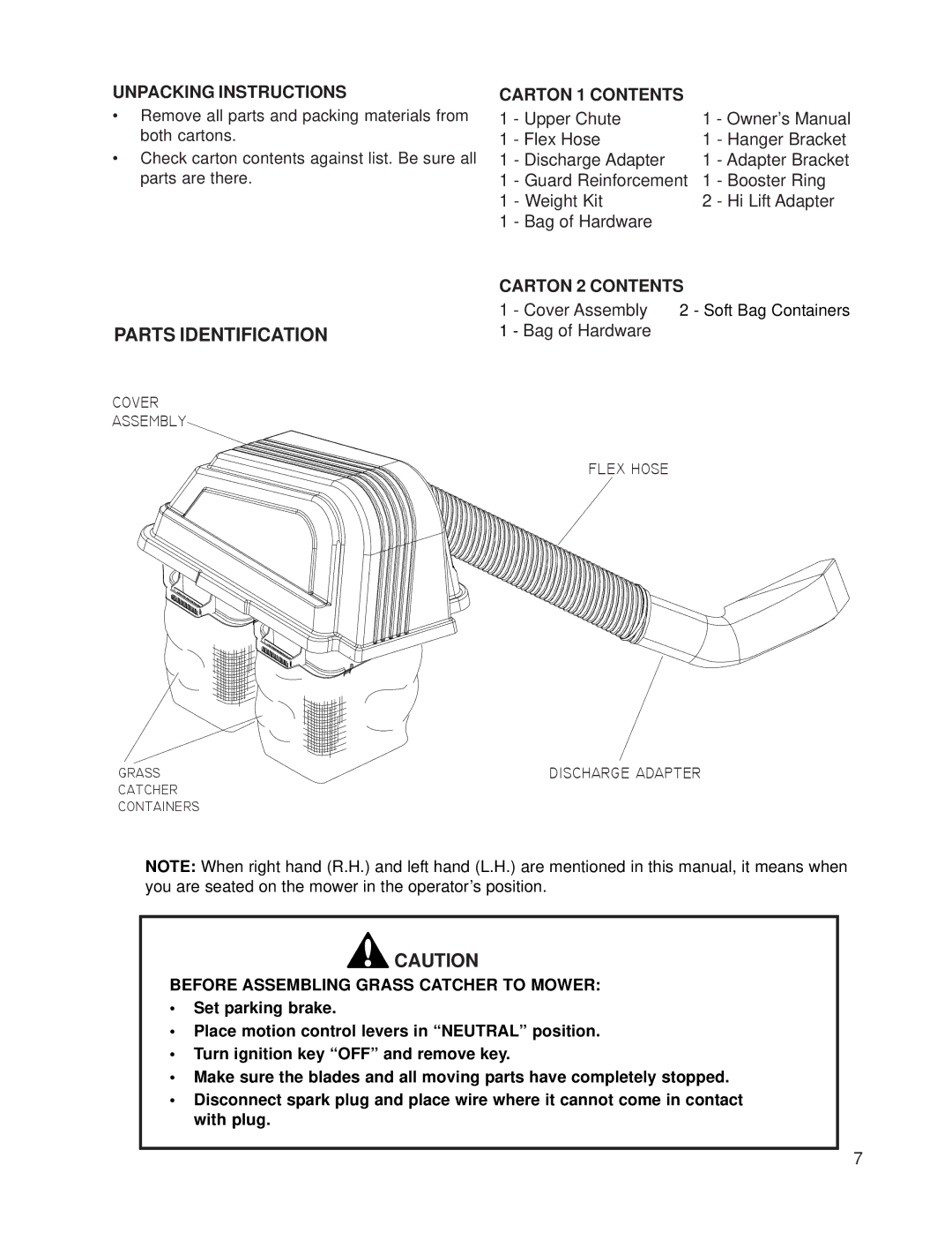 Dixon 539 131188 manual Parts Identification, Unpacking Instructions, Carton 1 Contents, Carton 2 Contents 