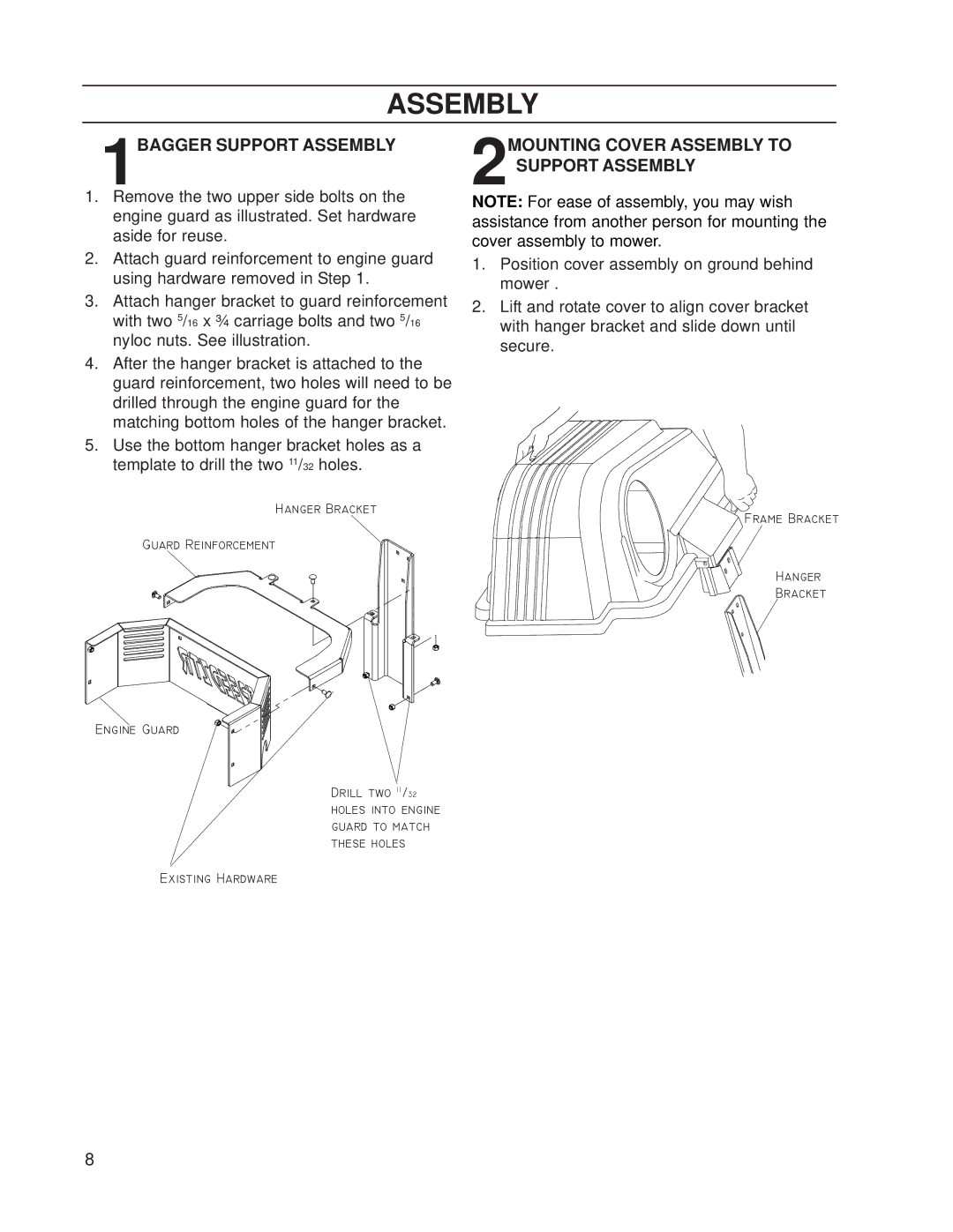 Dixon 539 131188 manual 1BAGGER Support Assembly, 2MOUNTING Cover Assembly to Support Assembly 