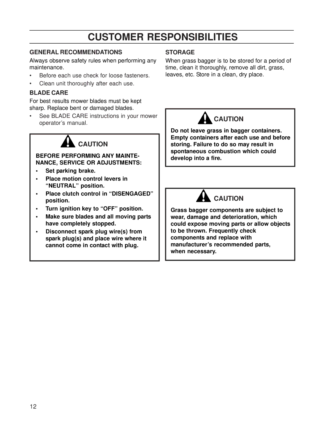 Dixon 539 131301 manual Customer Responsibilities, General Recommendations, Blade Care, Storage 