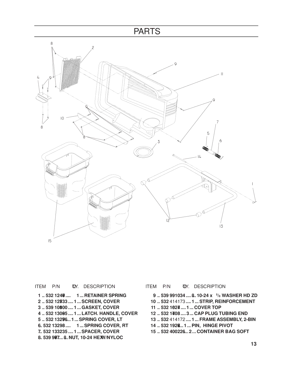 Dixon 539 131301 manual Parts, Description QTY 