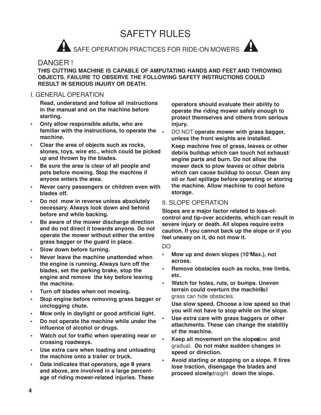 Dixon 539 131301 manual Safety Rules, Safe Operation Practices for RIDE-ON Mowers, General Operation, II. Slope Operation 