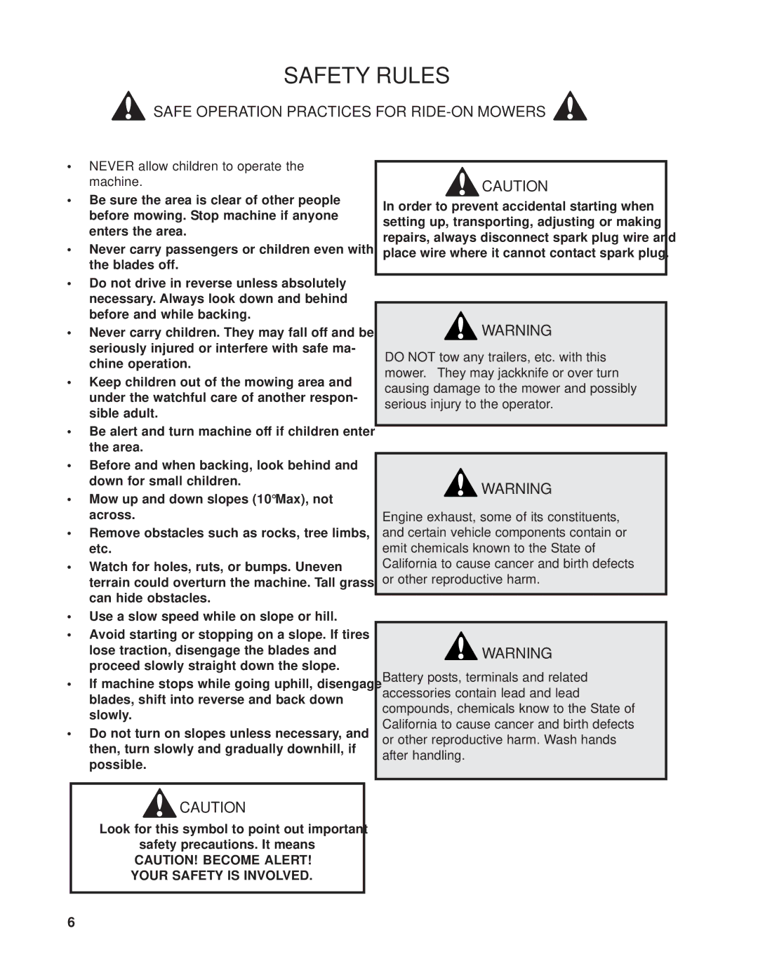 Dixon 539 131301 manual Safe Operation Practices for RIDE-ON Mowers 