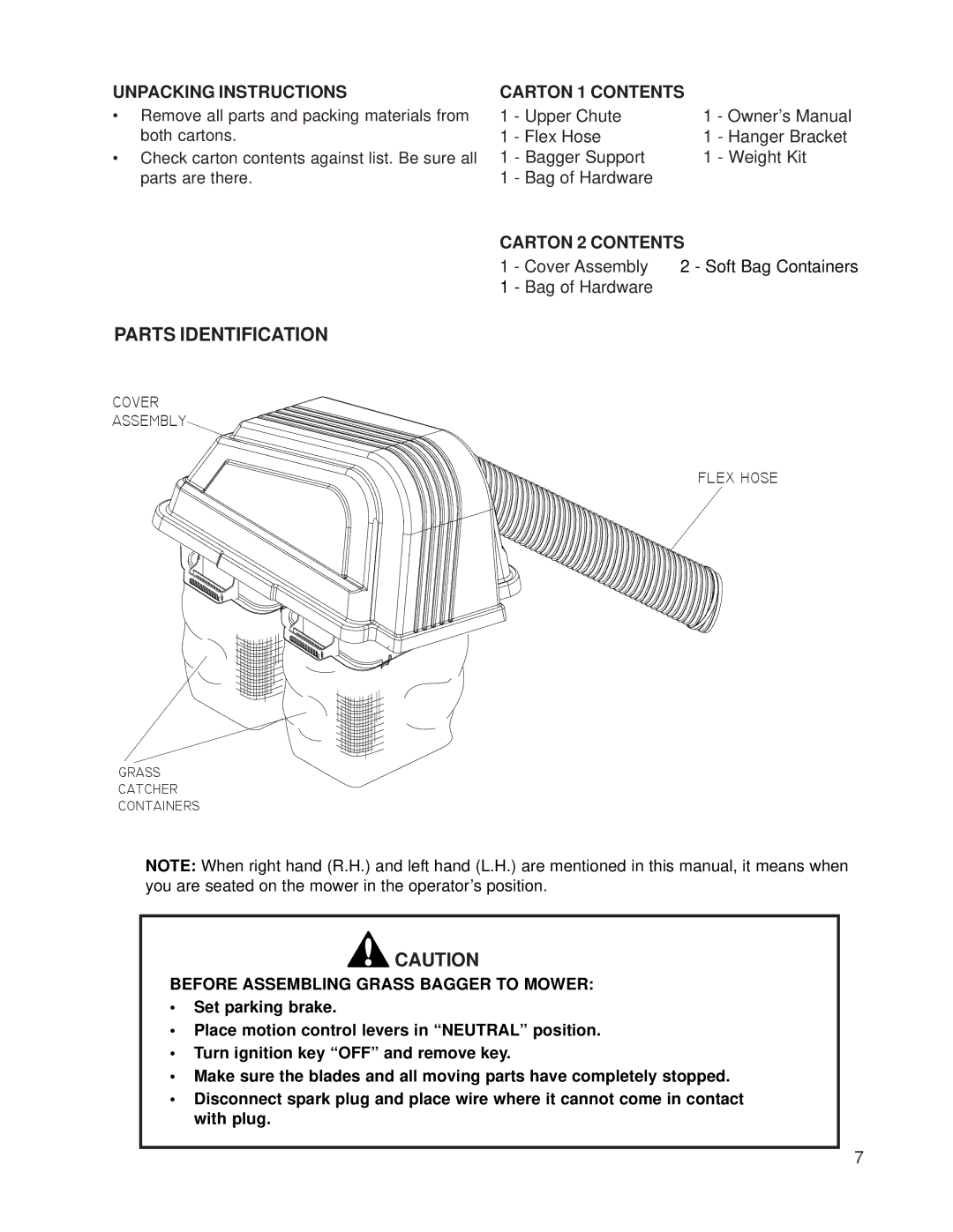 Dixon 539 131301 manual Parts Identification, Unpacking Instructions, Carton 2 Contents 