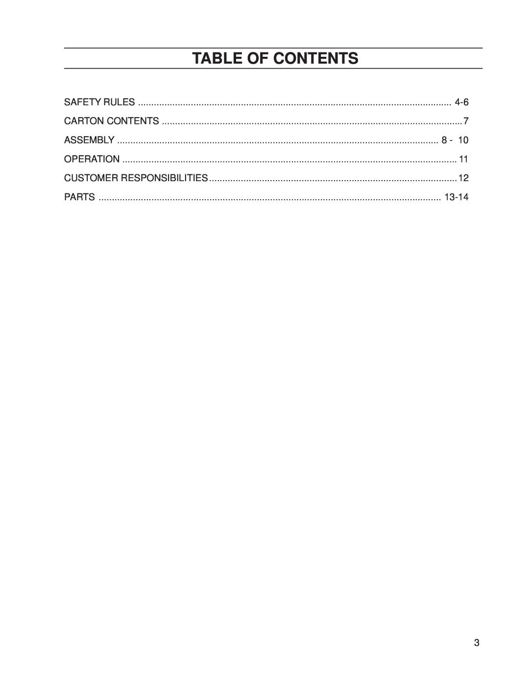 Dixon 539 131301 manual Table Of Contents, Assembly, Parts, 13-14, Carton Contents, Operation 