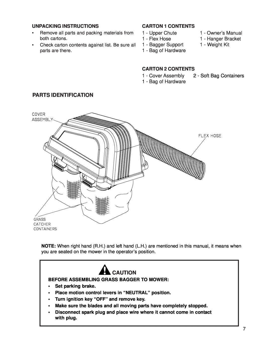 Dixon 539 131301 Parts Identification, Unpacking Instructions, Upper Chute, Owner’s Manual, Flex Hose, Hanger Bracket 