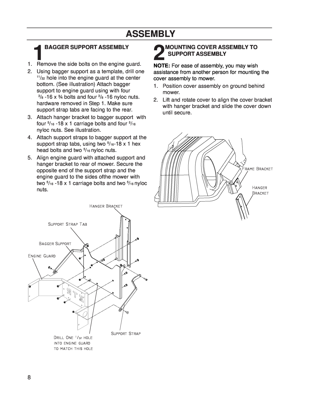 Dixon 539 131301 manual Assembly, 1BAGGER SUPPORT ASSEMBLY, 2MOUNTING COVER ASSEMBLY TO SUPPORT ASSEMBLY 