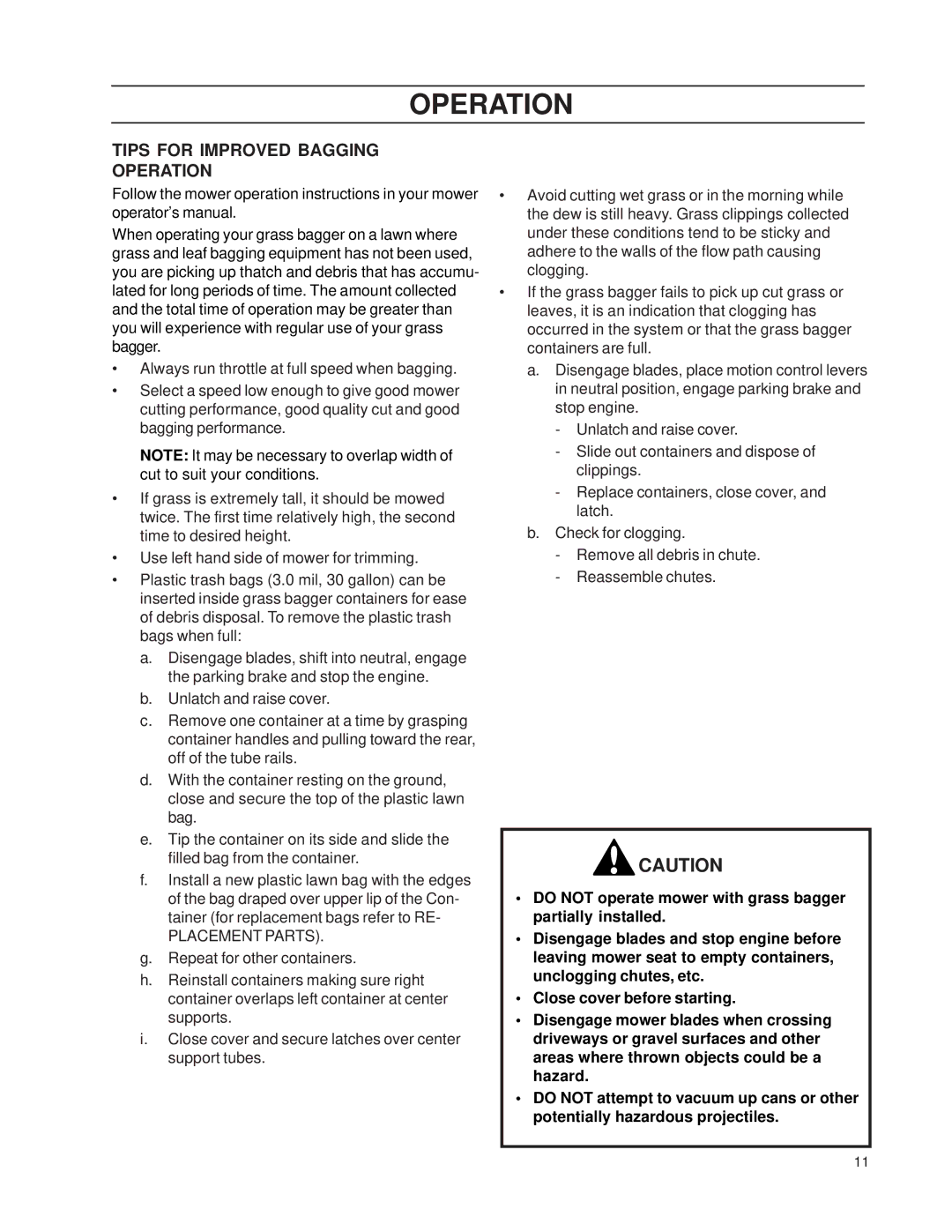 Dixon 539 131305 manual Tips for Improved Bagging Operation 