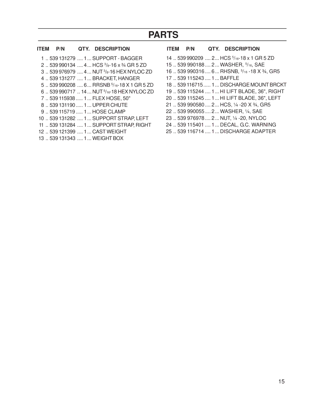 Dixon 539 131305 manual QTY Description Item P/N 