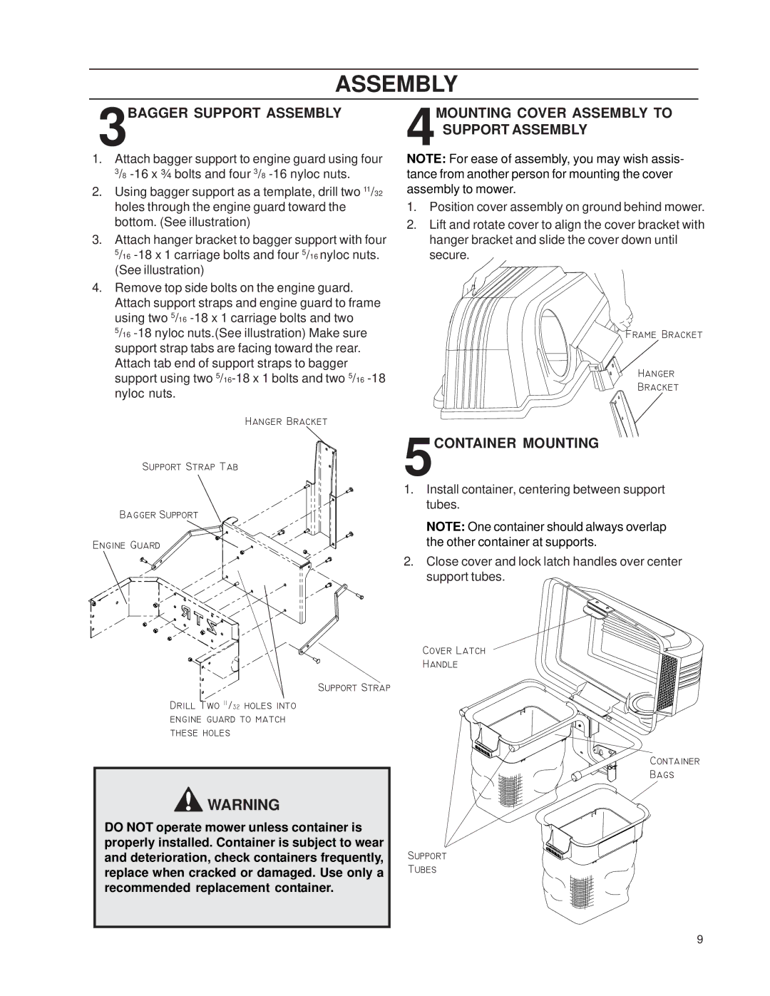 Dixon 539 131305 manual 3BAGGER Support Assembly, 4MOUNTING Cover Assembly to Support Assembly, 5CONTAINER Mounting 