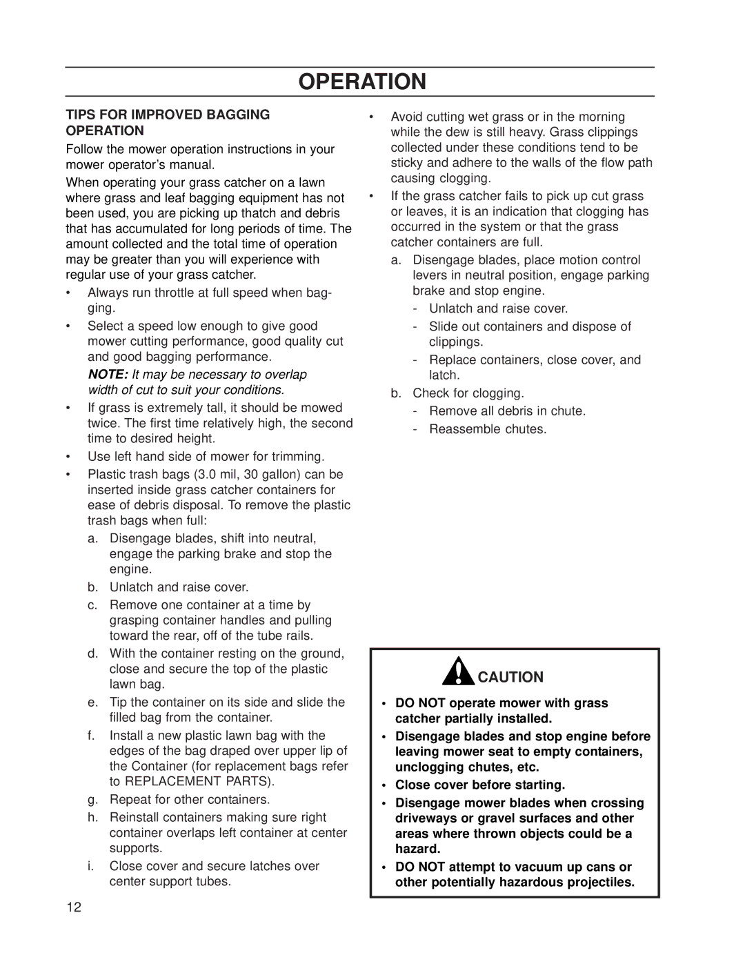 Dixon 539 131354, 539 131388 manual Tips for Improved Bagging Operation 