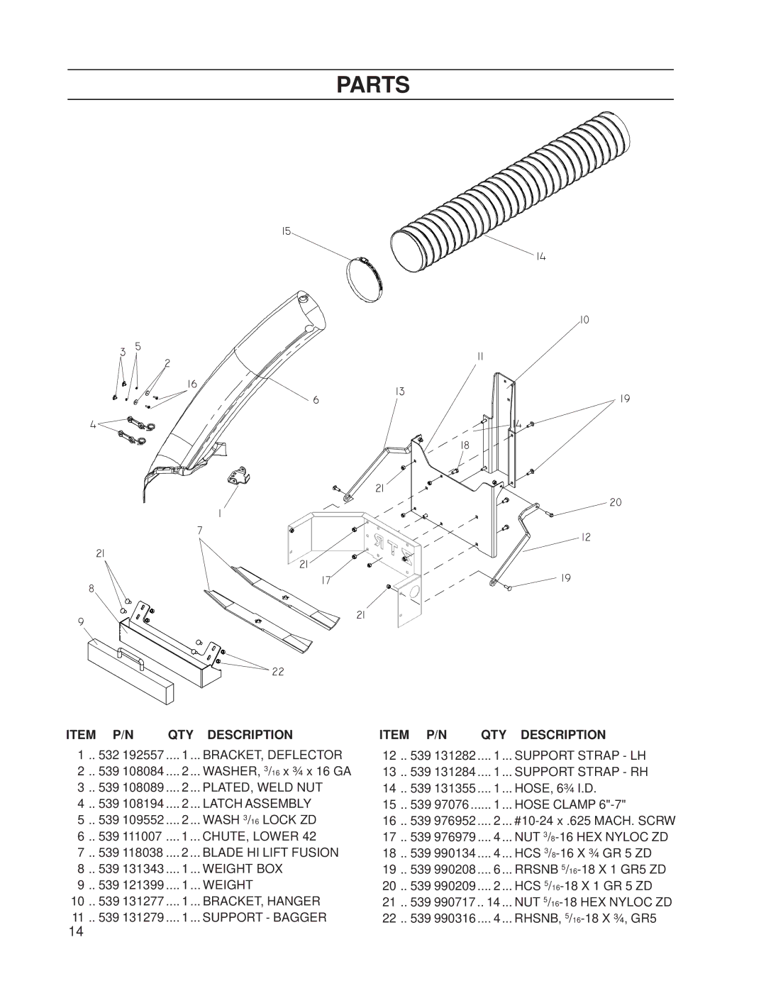 Dixon 539 131354, 539 131388 manual Parts, QTY Description 