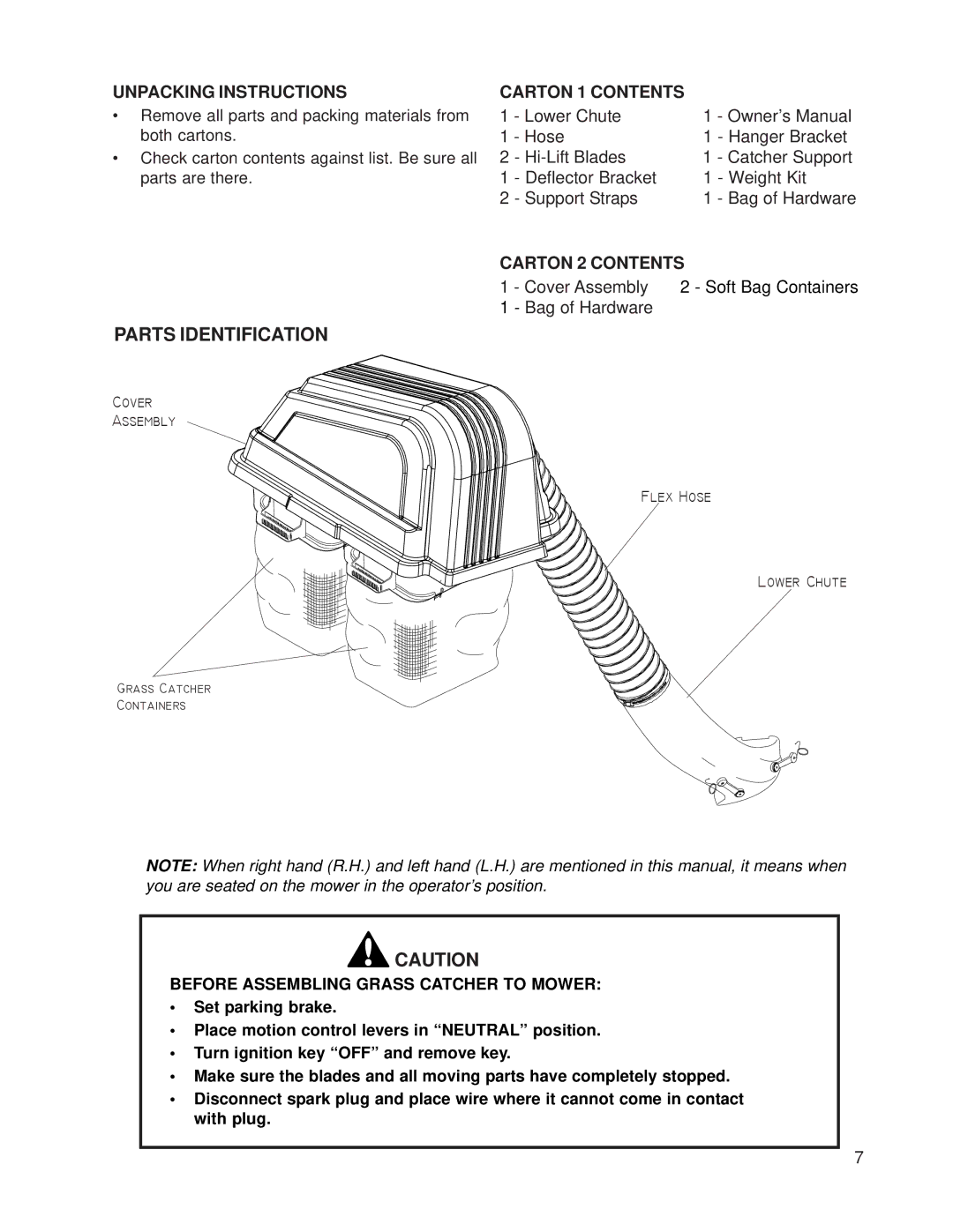 Dixon 539 131388, 539 131354 manual Unpacking Instructions, Carton 2 Contents 