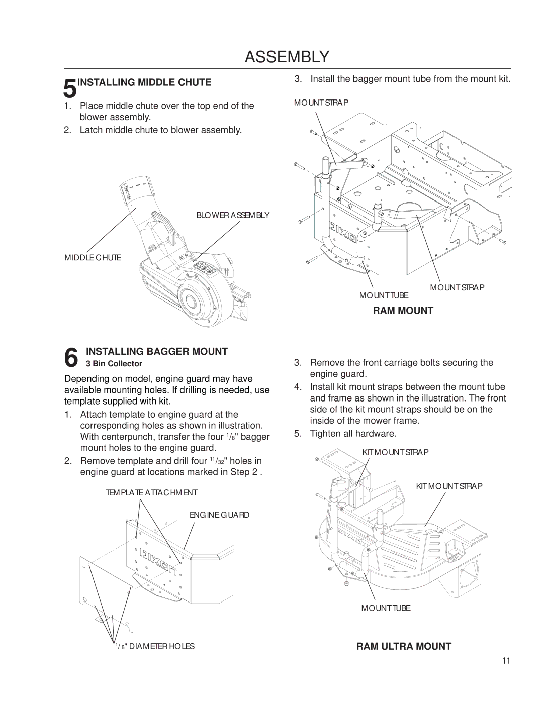 Dixon 539 132251, 539 132397, 539 132252, 539 132250 manual 5INSTALLING Middle Chute, RAM Mount Installing Bagger Mount 