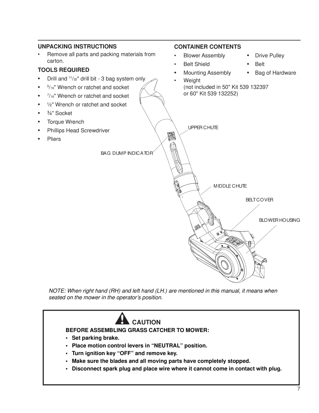 Dixon 539 132251, 539 132397, 539 132252, 539 132250 manual Unpacking Instructions, Tools Required, Container Contents 