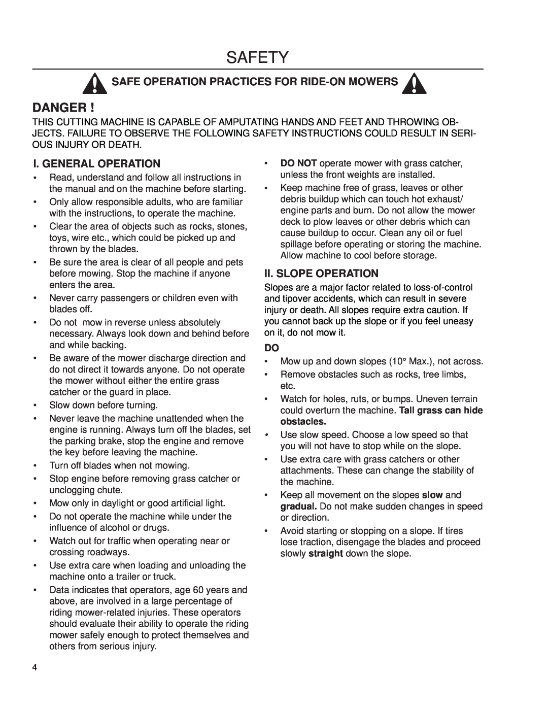 Dixon 539 132397 Safety, Danger, Safe Operation Practices For Ride-On Mowers, I. General Operation, Ii. Slope Operation 