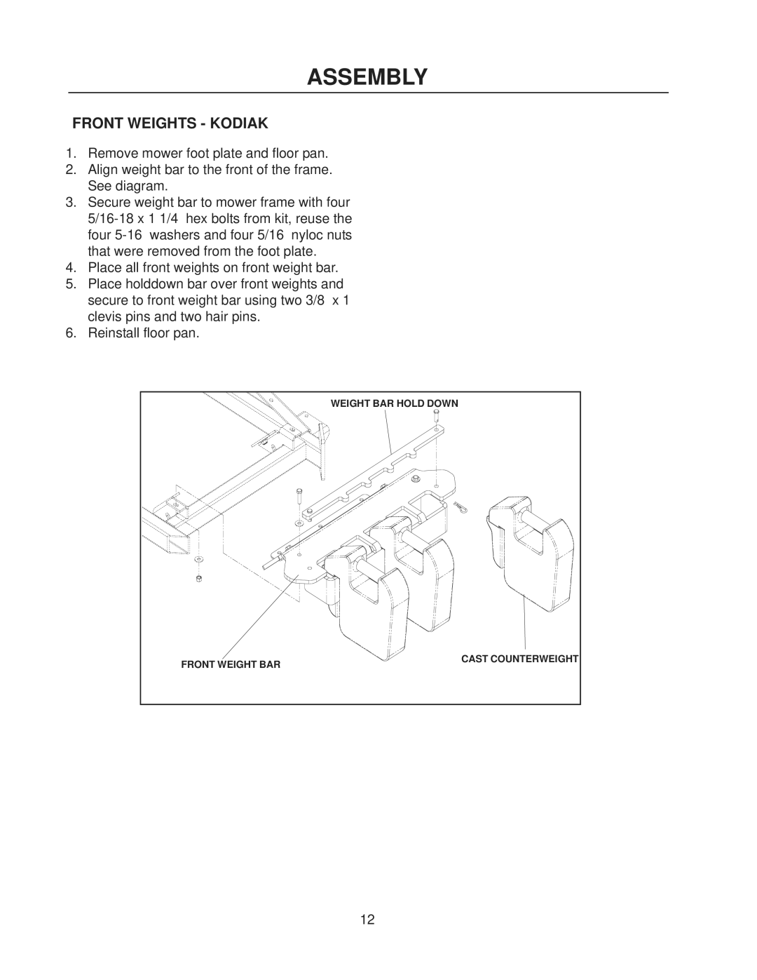 Dixon 539130211, 539130212 manual Front Weights Kodiak 