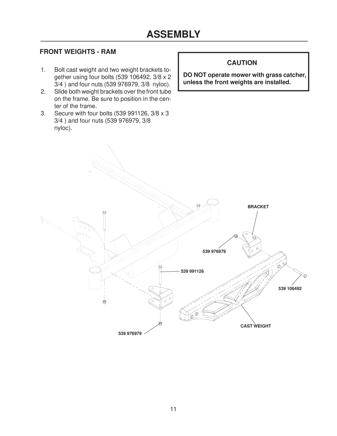 Dixon 539130212, 539130211 manual Front Weights RAM 