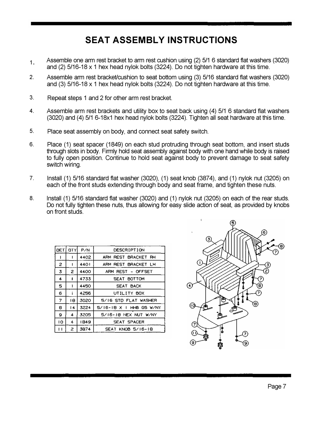 Dixon 5421 manual Seat Assembly Instructions 