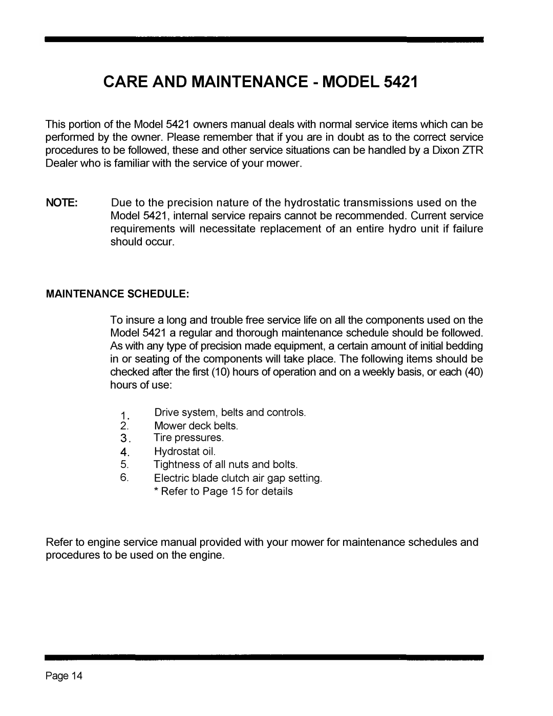 Dixon 5421 manual Care and Maintenance Model 