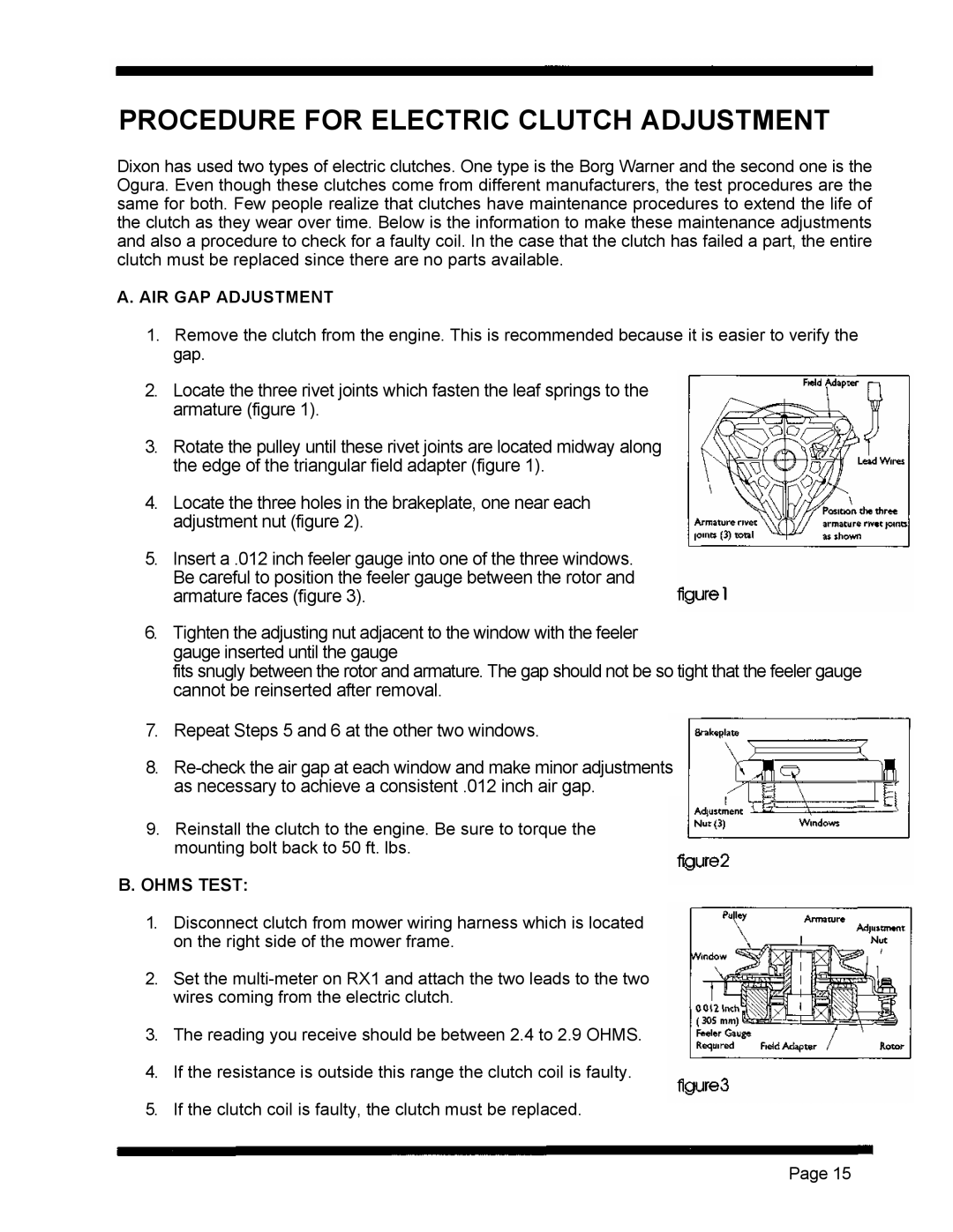 Dixon 5421 manual Procedure for Electric Clutch Adjustment, Ohms Test 