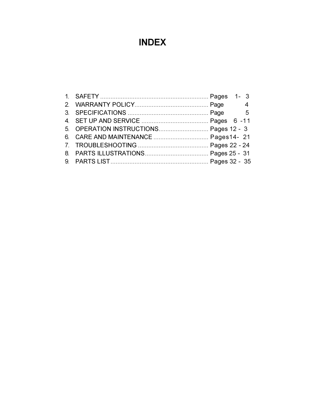 Dixon 5421 manual Index 