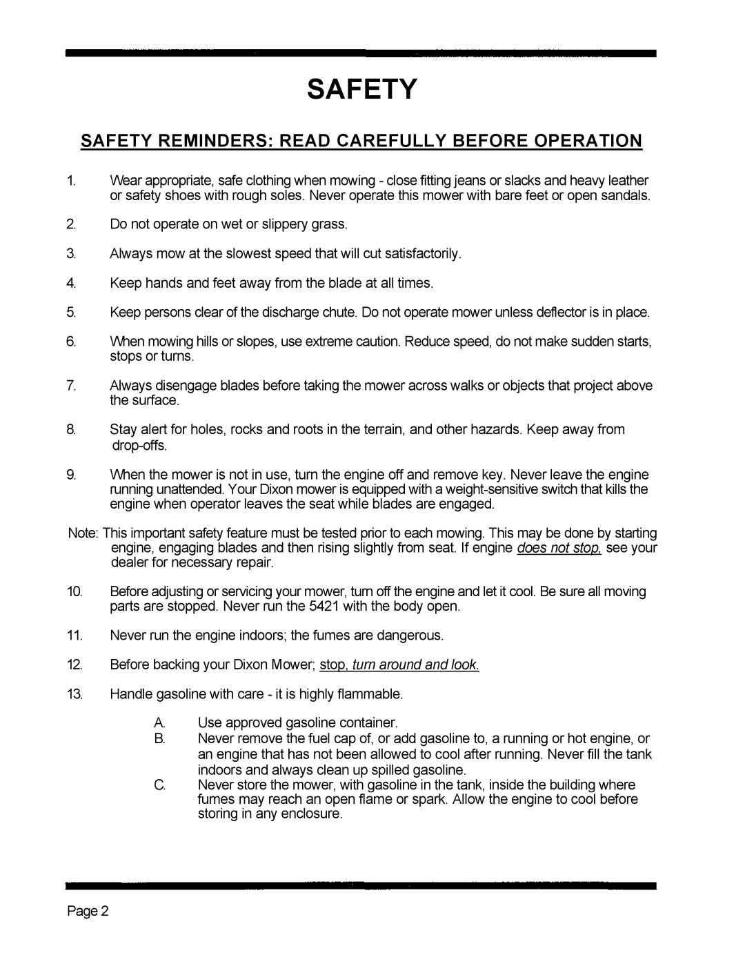 Dixon 5421 manual Safety Reminders Read Carefully Before Operation 