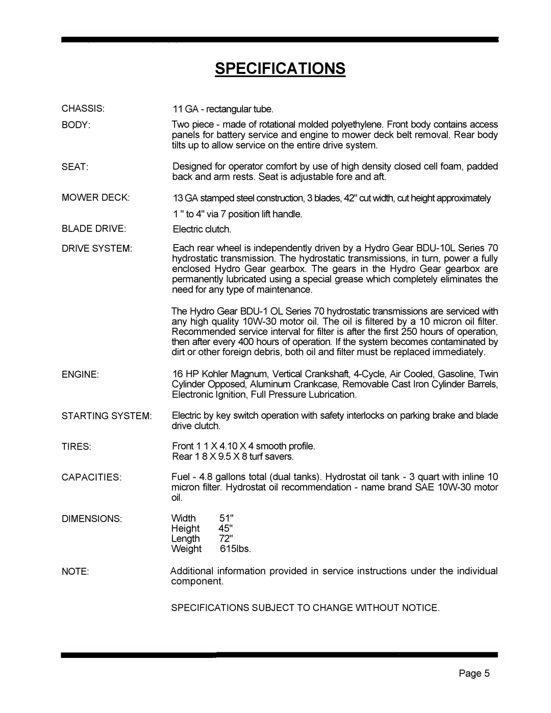 Dixon 5421 manual Specifications 