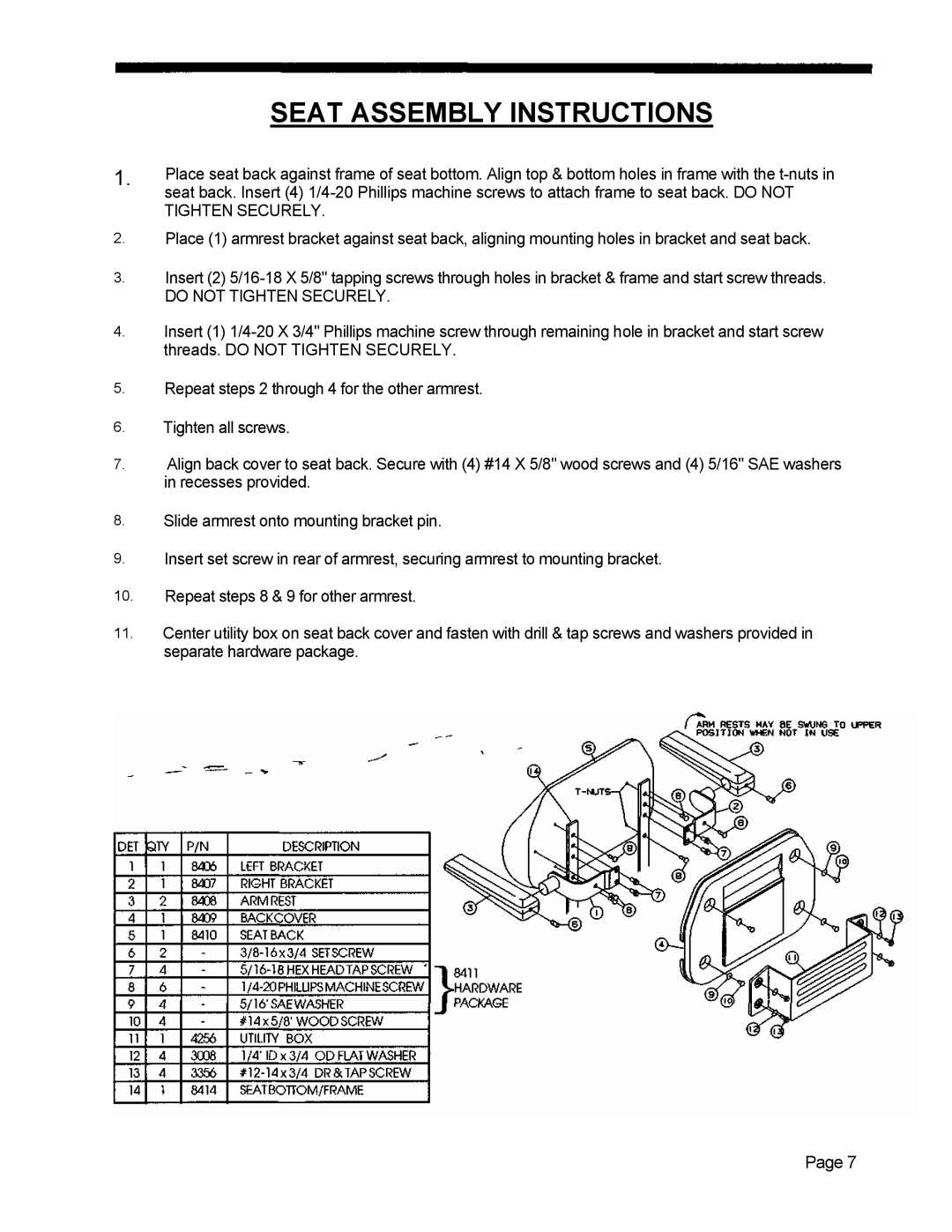 Dixon 5501 manual Seat Assembly Instructions, Do not Tighten Securely 