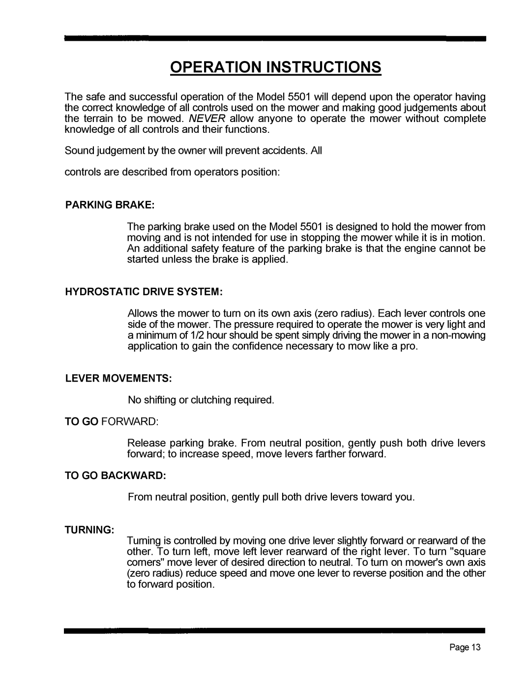 Dixon 5501 manual Operation Instructions 