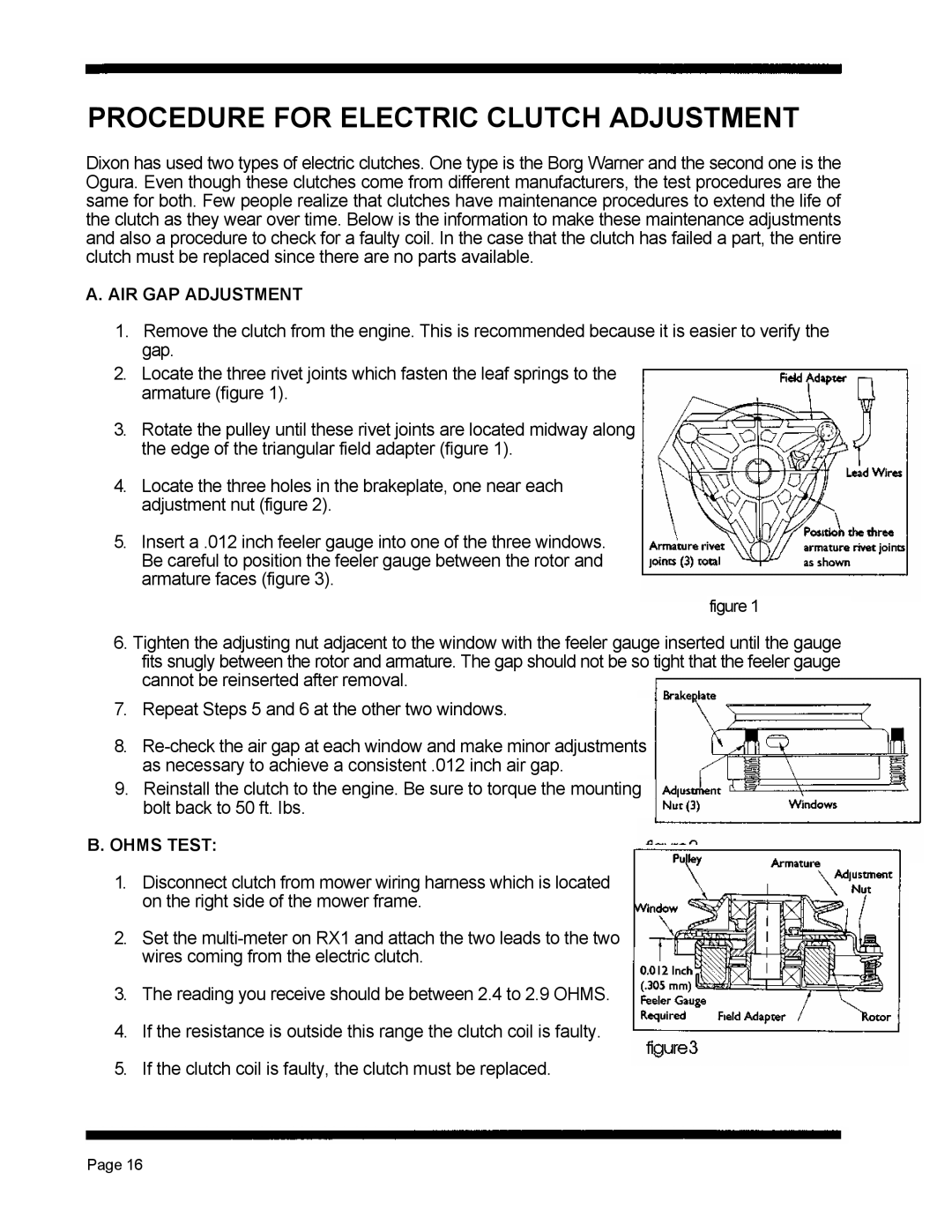 Dixon 5501 manual Procedure for Electric Clutch Adjustment 