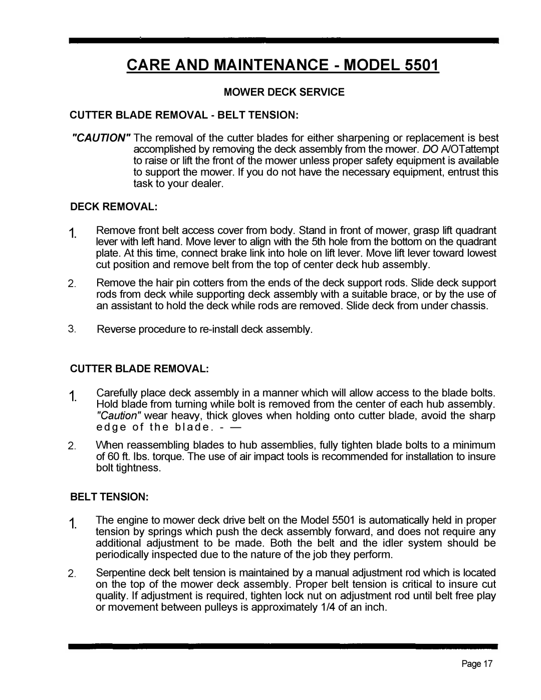 Dixon 5501 manual Care and Maintenance Model, Reverse procedure to re-install deck assembly 