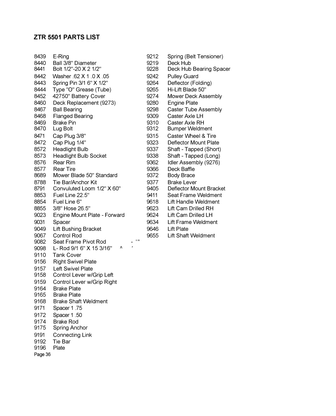 Dixon manual ZTR 5501 Parts List 