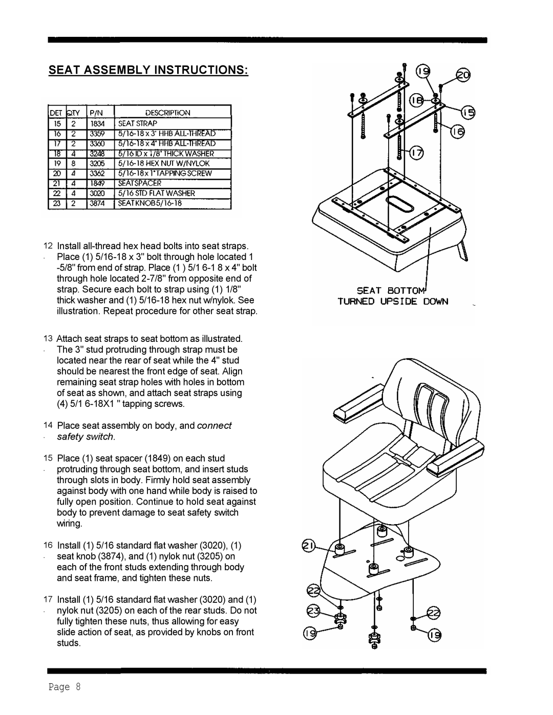 Dixon 5501 manual Seat Assembly Instructions, Page, safety switch 