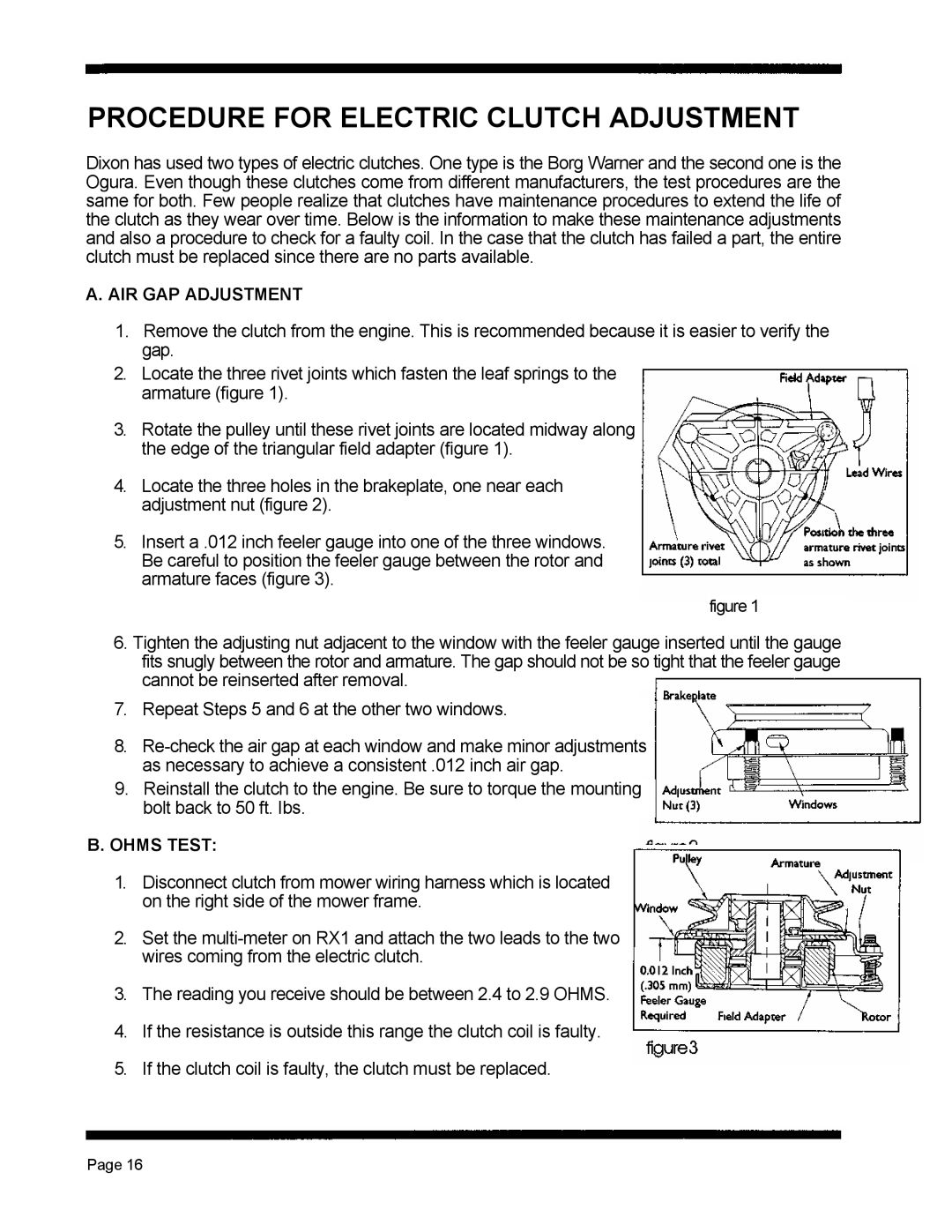 Dixon 5501 manual Procedure For Electric Clutch Adjustment, A. Air Gap Adjustment, B. Ohms Test 